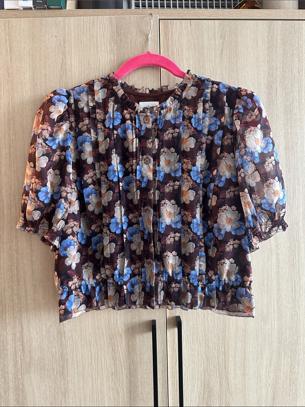 Wilfred Floral Puff-Sleeve Cropped Blouse - Brown & Blue
